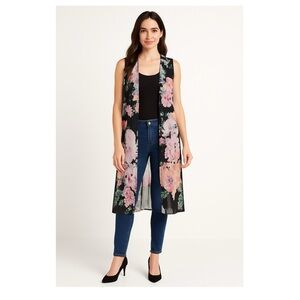 VINCE CAMUTO Black Floral and Clip Dot Sheer Sleeveless Tiered Kimono Sz L